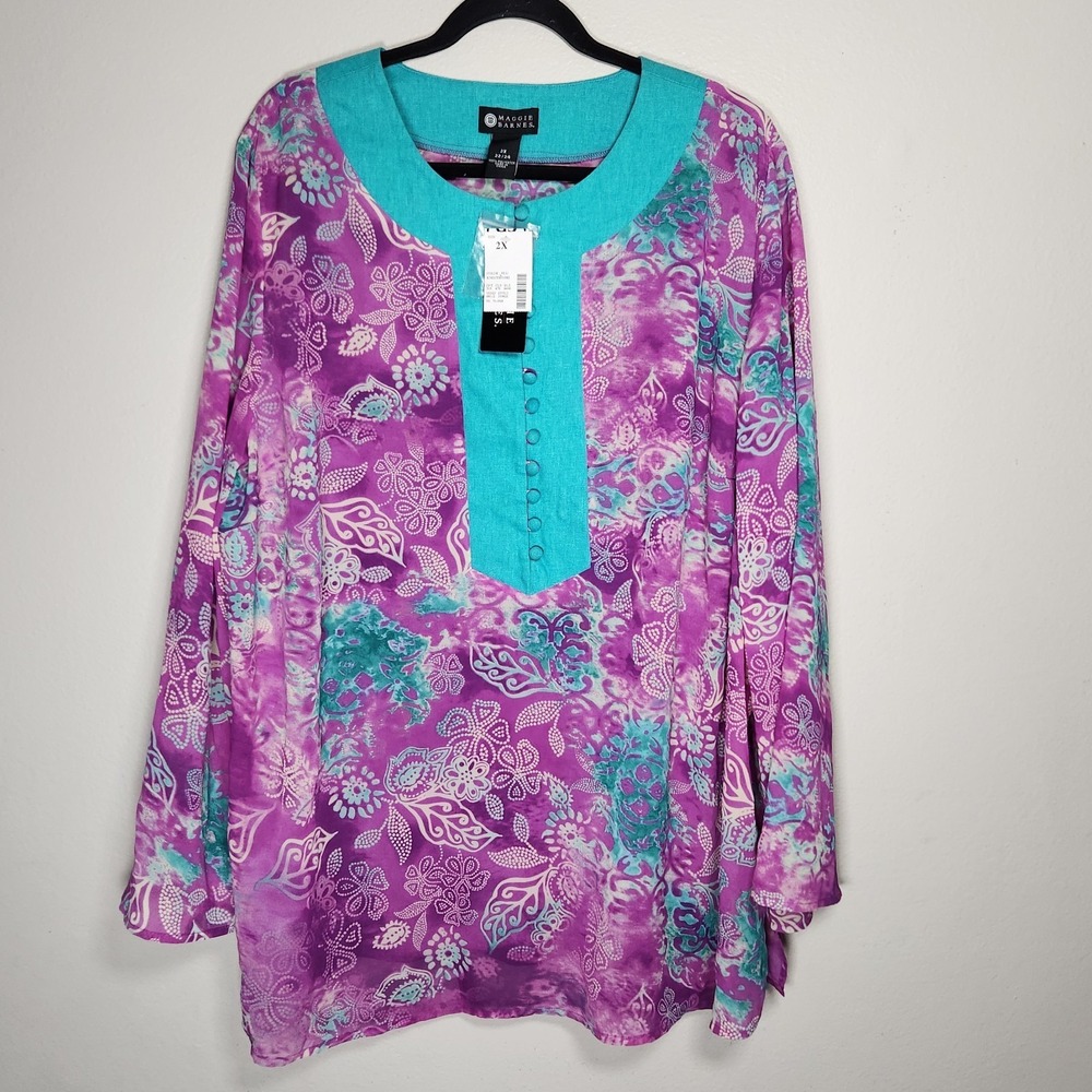 Maggie Barnes Womens 2X Purple Aqua Pullover Sheer Peasant Top Artsy Watercolor